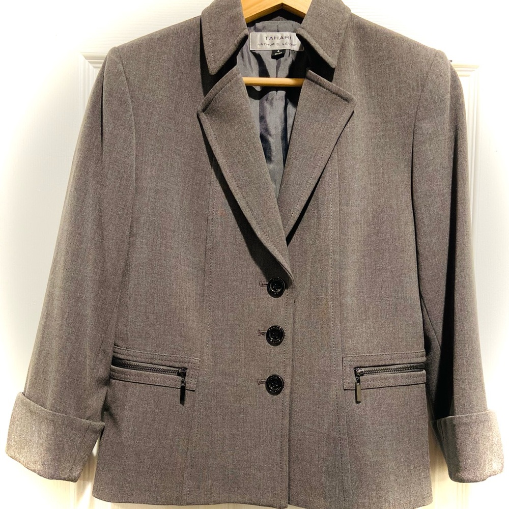 Tahari Gray Three-Button Women's Blazer with Zippered Pockets